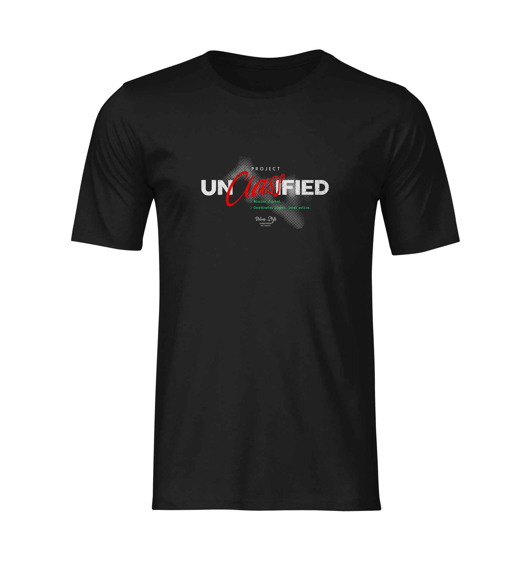 Front-facing 3D mockup of a black t-shirt featuring the “PROJECT UNCLASSIFIED” design. Bold white and red typography is centered on the chest with green tactical text details and a halftone glitch effect behind the word “Classified.” No model or background — clean, isolated view of the shirt only.