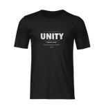 The UNITY t-shirt — presented in a clean, isolated black-on-black ghost render. Every line, curve, and contrast of the design stands alone, emphasizing the message: even in silence, we stand stronger together.