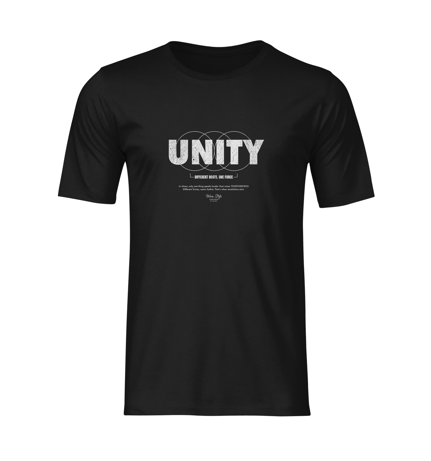 The UNITY t-shirt — presented in a clean, isolated black-on-black ghost render. Every line, curve, and contrast of the design stands alone, emphasizing the message: even in silence, we stand stronger together.