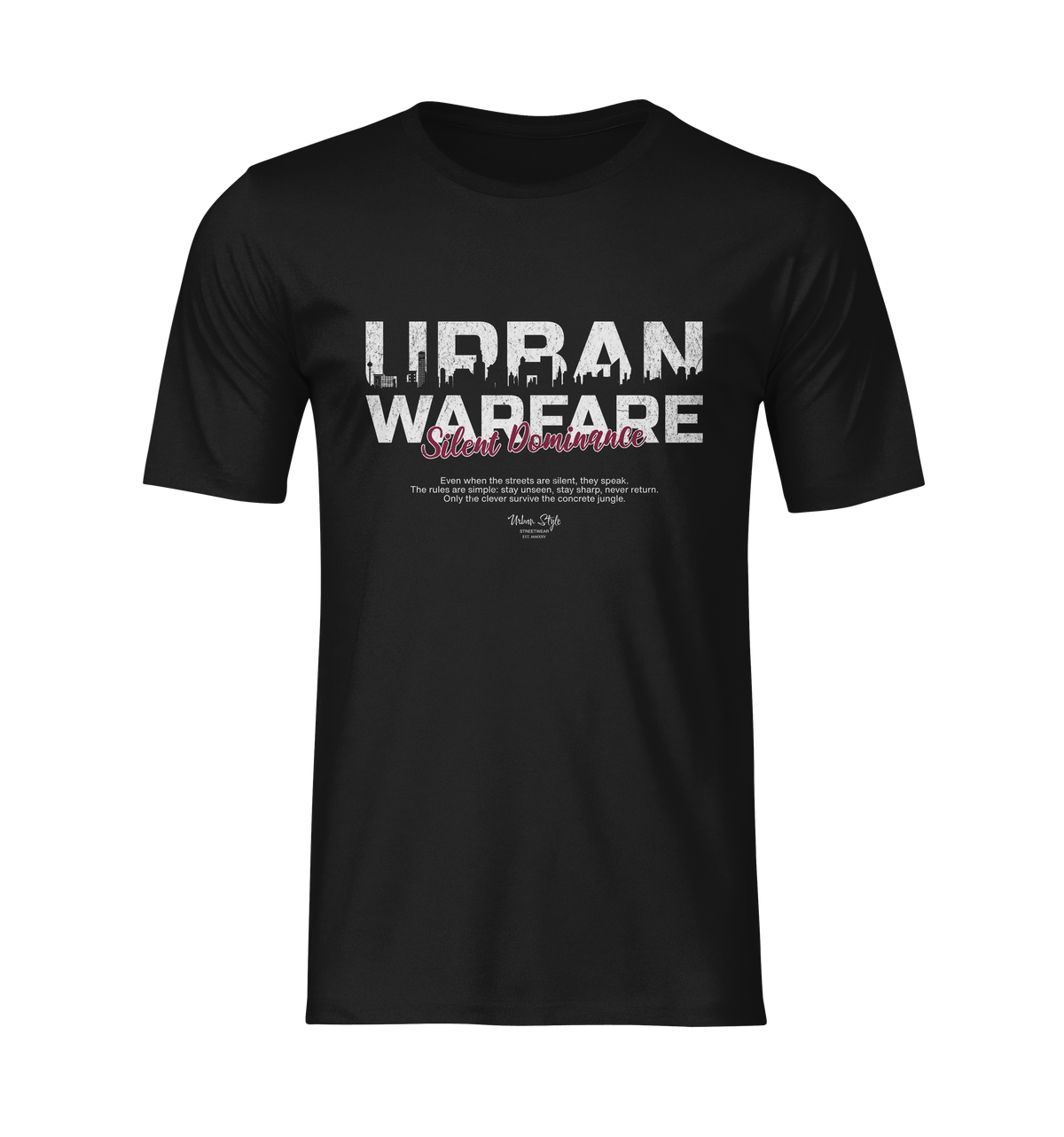 Black URBAN WARFARE t-shirt on a ghost mannequin — bold white “Urban Warfare” text with distressed cityscape design and red “Silent Dominance” subtitle centered on chest.