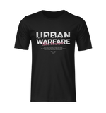 Black URBAN WARFARE t-shirt on a ghost mannequin — bold white “Urban Warfare” text with distressed cityscape design and red “Silent Dominance” subtitle centered on chest.