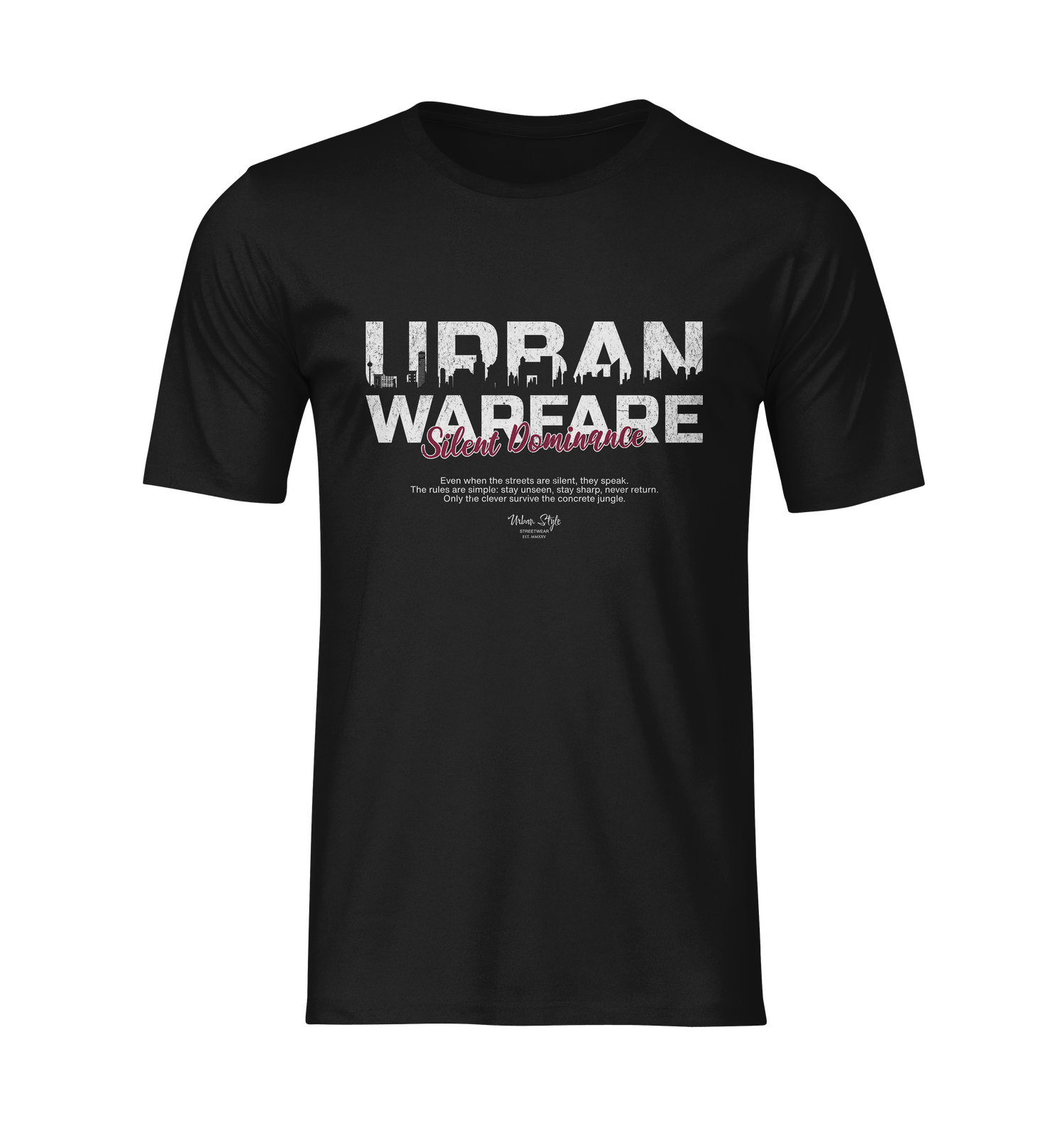 Black URBAN WARFARE t-shirt on a ghost mannequin — bold white “Urban Warfare” text with distressed cityscape design and red “Silent Dominance” subtitle centered on chest.