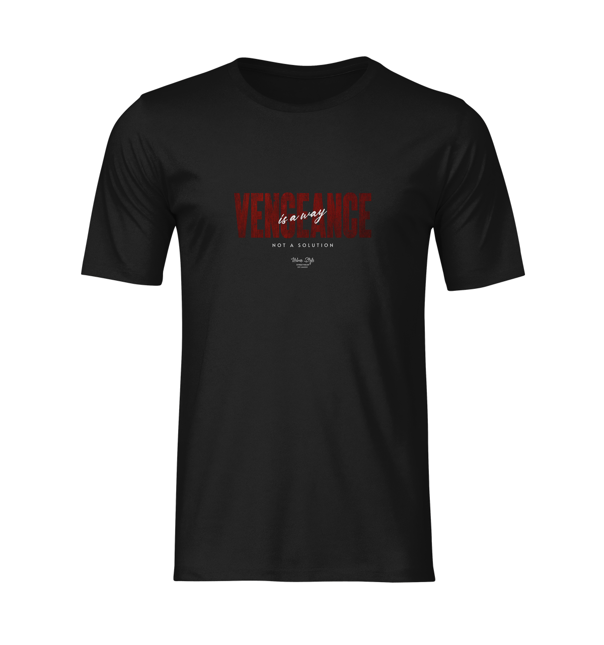 3D ghost mockup of the KRASSWERK “VENGEANCE — is a way, not a solution” t-shirt in black. The design features bold red text with a subtle distressed texture, centered on the chest. Rendered with realistic fabric folds and shadows, the shirt is displayed without a background or model, emphasizing the typography and structure of the garment.