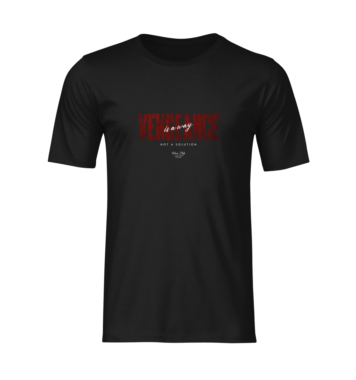 3D ghost mockup of the KRASSWERK “VENGEANCE — is a way, not a solution” t-shirt in black. The design features bold red text with a subtle distressed texture, centered on the chest. Rendered with realistic fabric folds and shadows, the shirt is displayed without a background or model, emphasizing the typography and structure of the garment.