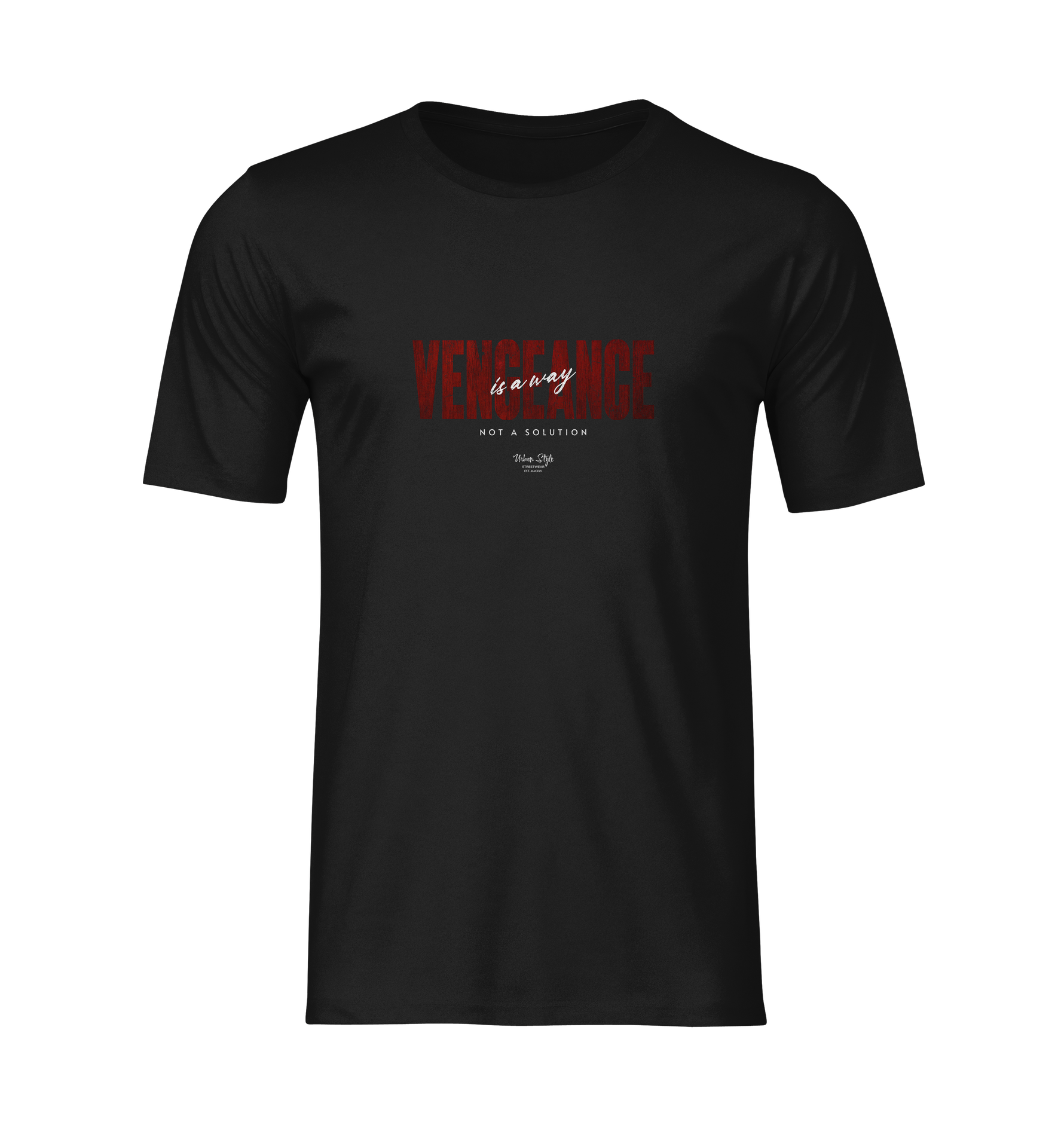 3D ghost mockup of the KRASSWERK “VENGEANCE — is a way, not a solution” t-shirt in black. The design features bold red text with a subtle distressed texture, centered on the chest. Rendered with realistic fabric folds and shadows, the shirt is displayed without a background or model, emphasizing the typography and structure of the garment.