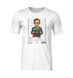 3D mockup of a white unisex t-shirt on an invisible mannequin. The design features a cartoon mugshot of a serious man in a green suit and glasses holding a “VIRGO” board in front of a police height chart. Below, the text reads: “CRIME: Control Freak – Even the nugget had to be aligned,” with a red “GUILTY” stamp and Virgo zodiac symbol. The shirt has a clean studio presentation with no background and no visible model. Lighting is neutral and evenly distributed.