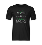 Front view of the "I Hear Voices / They Don’t Like You" t-shirt in black — clean ghost mockup showing the green script and waveform design in high detail.