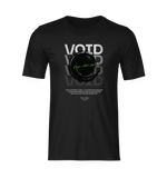 The shirt floats without form, like a presence fading between dimensions. The reflective VOID text repeats into shadow, anchored by a swirling black hole at the center. Green handwriting reads “Origin without shape”, evoking silence, depth, and identity lost within meaning.