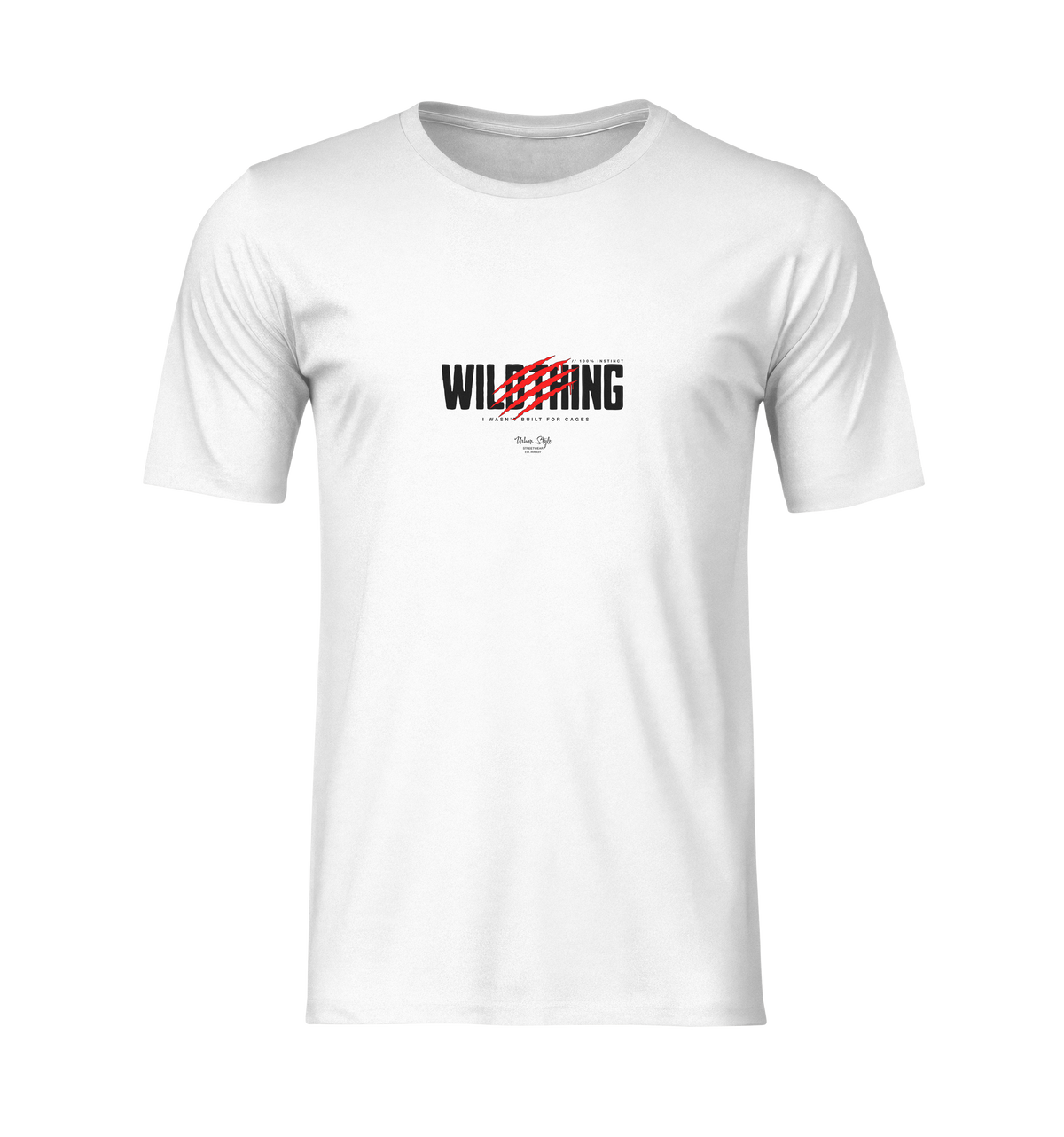A 3D mockup of the “WILDTHING” t-shirt in white. The design features distressed black text slashed by vivid red claw marks. No model or background, isolated on transparent canvas.