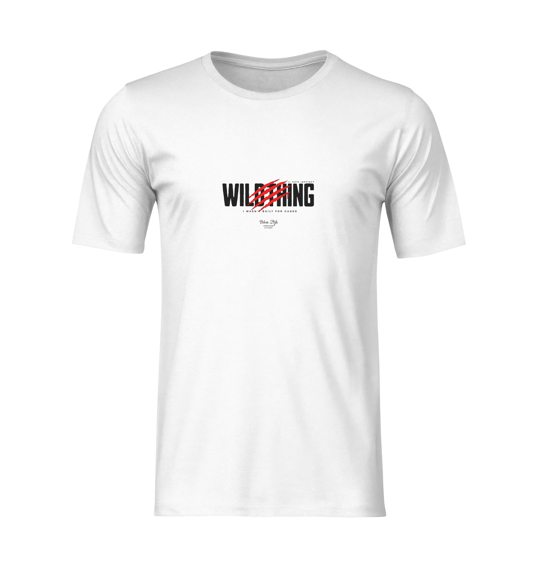A 3D mockup of the “WILDTHING” t-shirt in white. The design features distressed black text slashed by vivid red claw marks. No model or background, isolated on transparent canvas.
