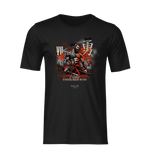 “YU” black t-shirt by KRASSWERK – ghost mockup showcasing Bushido-inspired courage artwork, with a striking red and grayscale palette highlighting warrior strength, no background no model