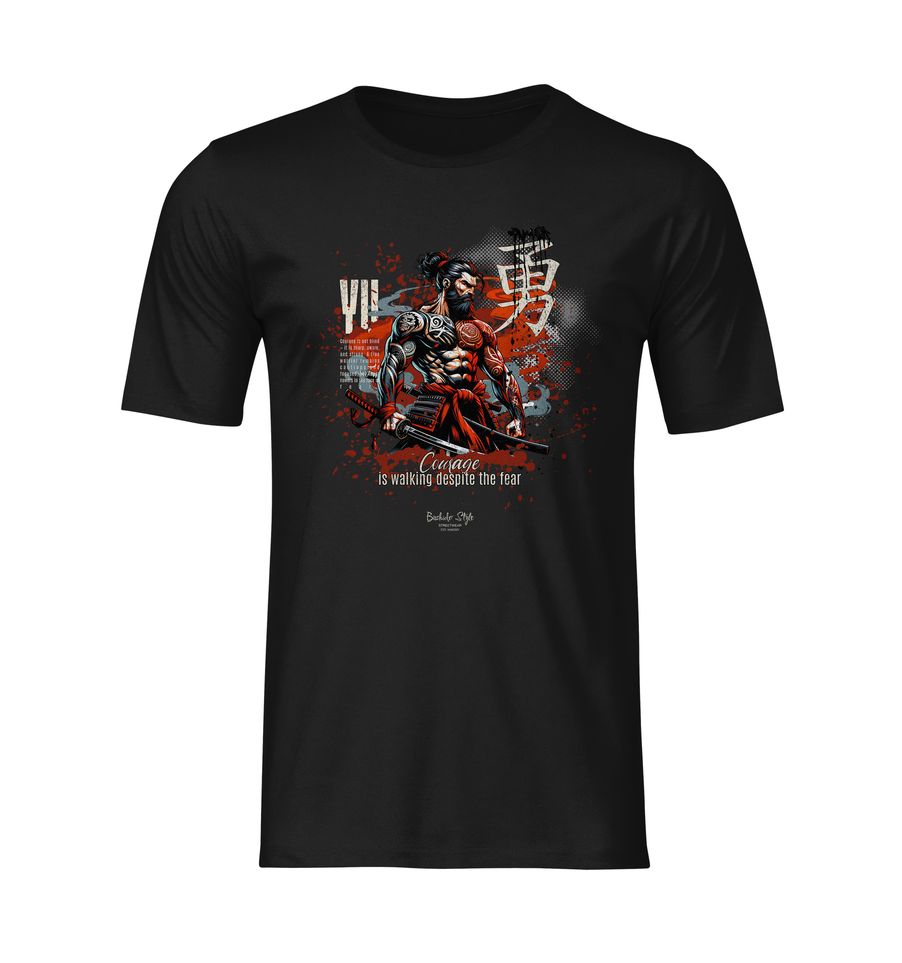“YU” black t-shirt by KRASSWERK – ghost mockup showcasing Bushido-inspired courage artwork, with a striking red and grayscale palette highlighting warrior strength, no background no model