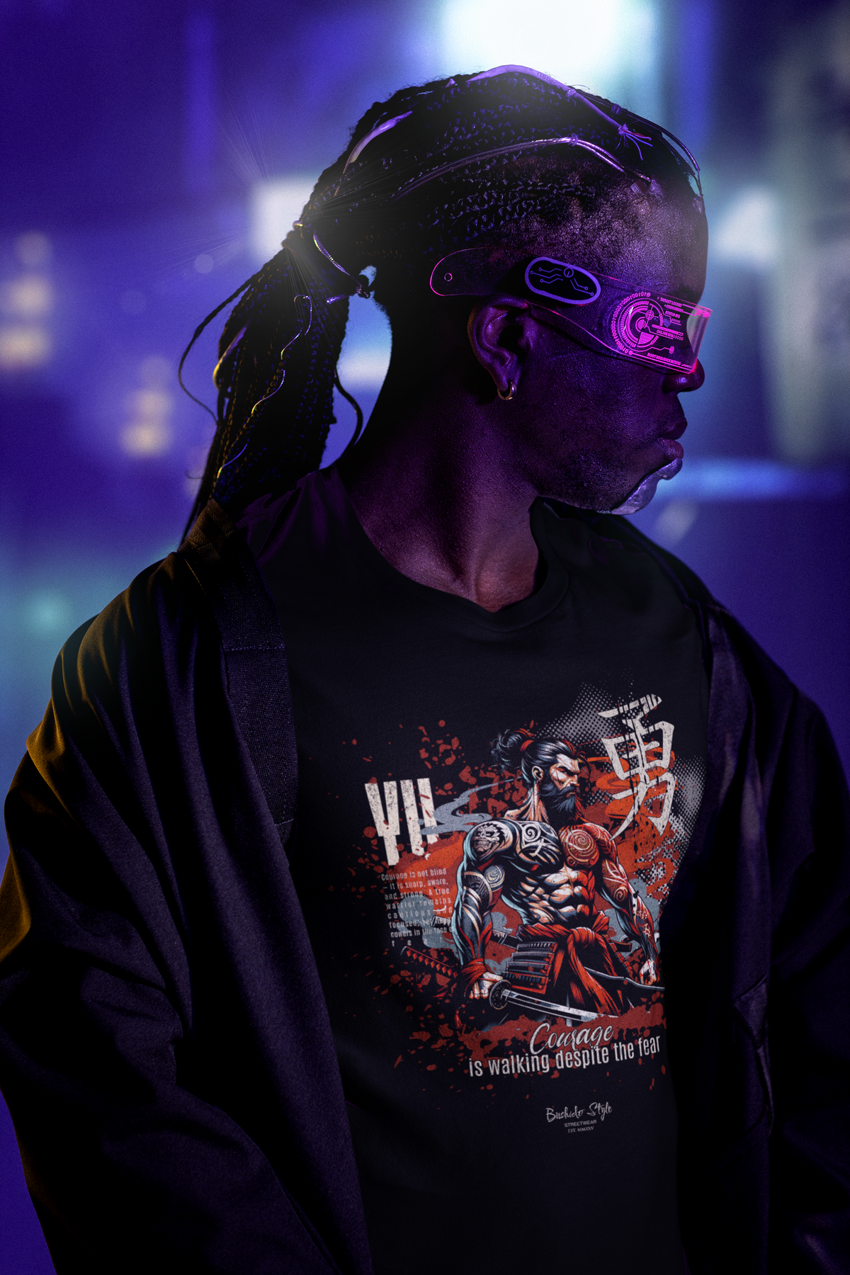 “YU” black t-shirt by KRASSWERK – lifestyle photo of man in cyberpunk visor and techwear, spotlighting the Bushido graphic that redefines courage as fearless presence in motion