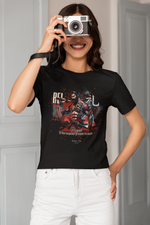 “YU” black t-shirt by KRASSWERK – lifestyle photo of woman in white denim holding vintage camera, capturing a moment with bold Bushido art that frames courage in motion